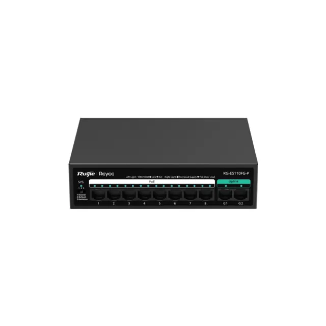 8-Port 10/100 Mbps with 2-Port Gigabit Unmanaged PoE Switch | RG-ES110FG-P — Transmission available in Singapore from JHU Tech